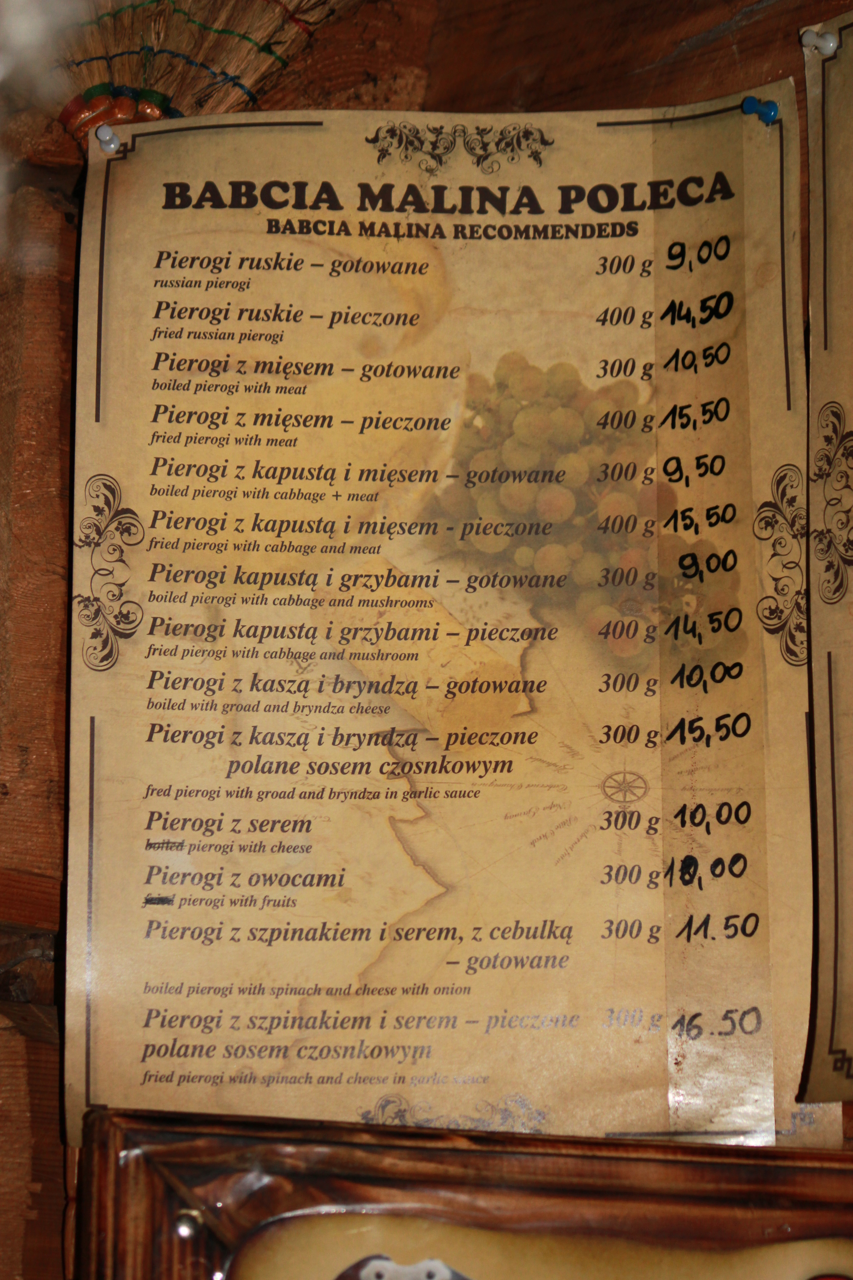 Pierogi Menu; Krakow, Poland; 2011